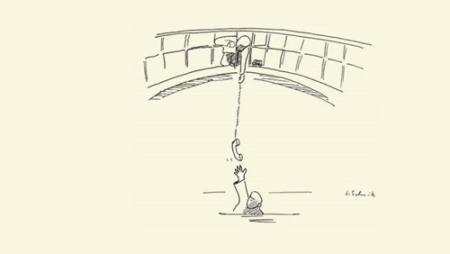 Karikatur ertrinkender Menschen greift nach Telefonschnur