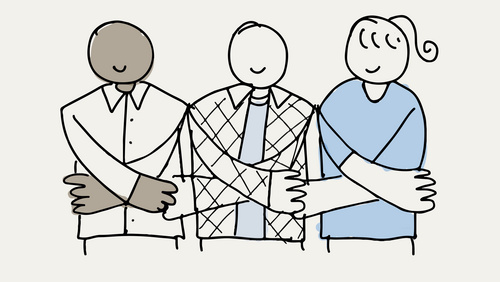 Karikatur drei Menschen reichen sich die Hände gegen Einsamkeit